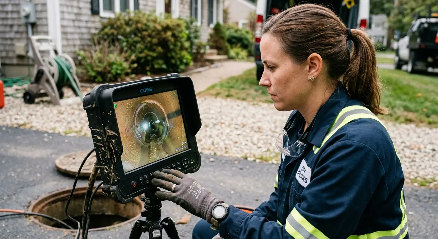 Technician reviewing sewer camera inspection footage in Amherst