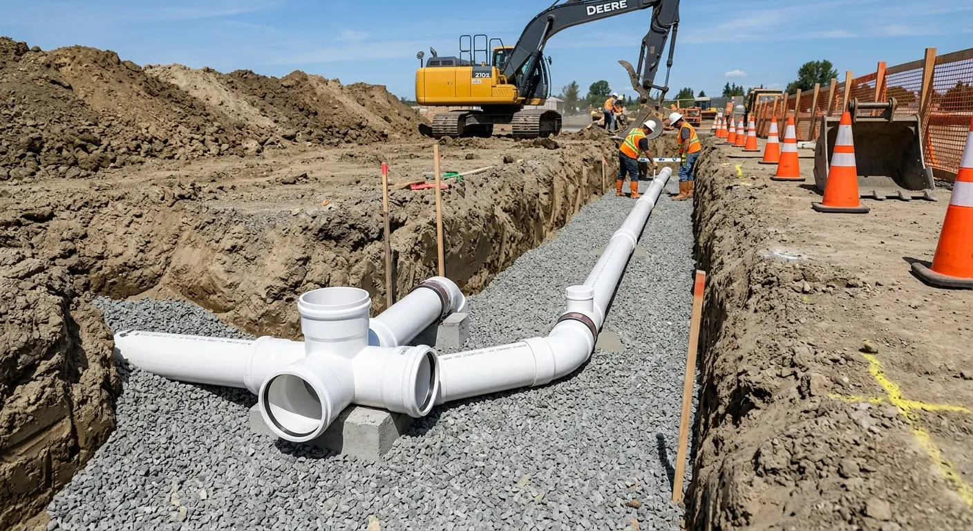 New PVC sewer pipe installation in open trench for Commercial Drain Cleaning in Amherst