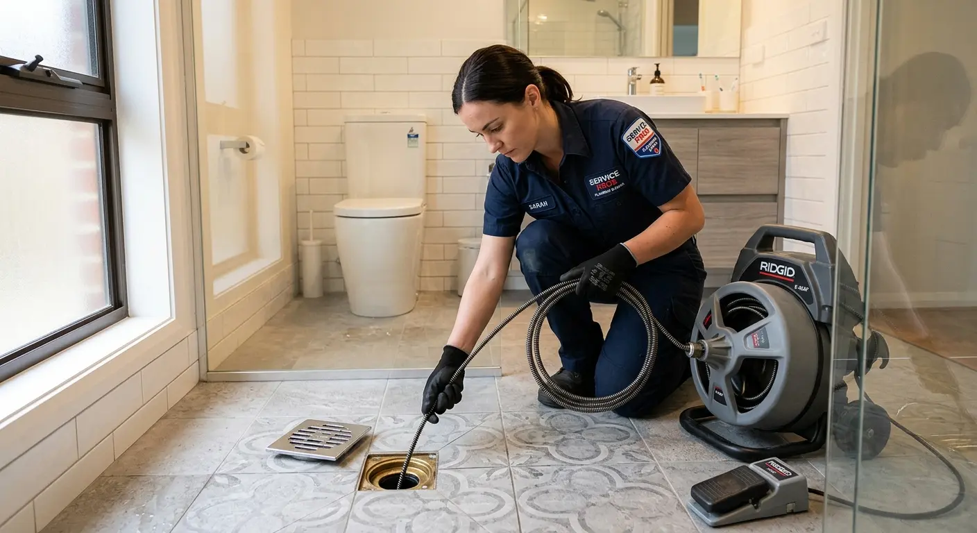 Technician clearing a bathroom floor drain for Hydro Jetting in Amherst